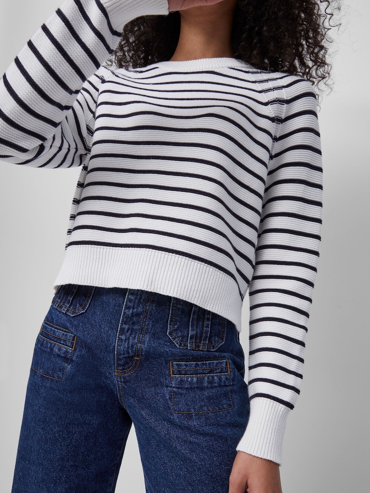 French Connection White Stripe Lillie Mozart 100% Cotton Crew Neck Jumper - Image 2 of 4 French Connection White Stripe Lillie Mozart 100% Cotton Crew Neck Jumper - Image 2 of 4