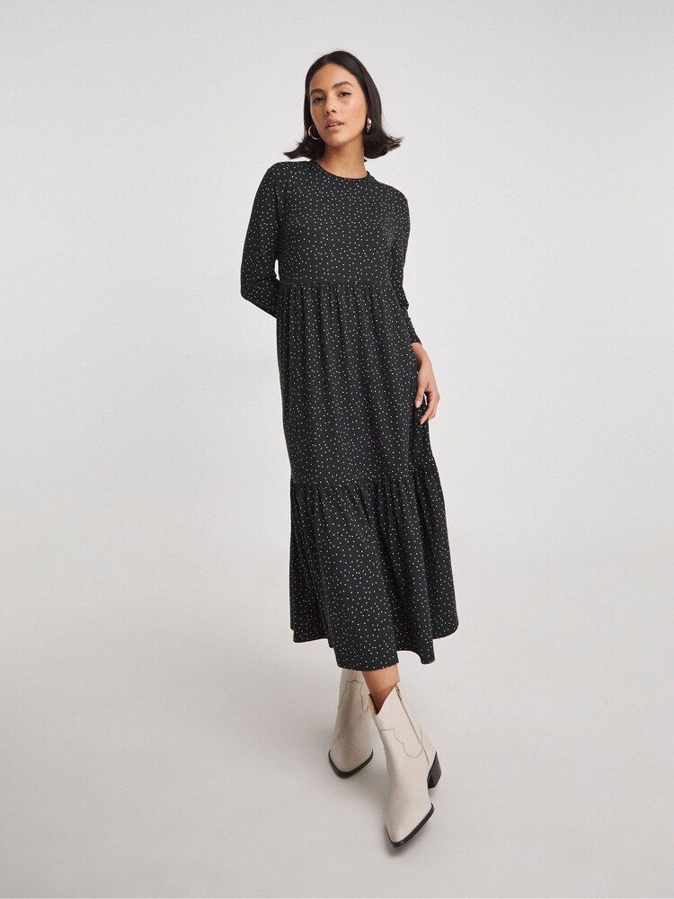Simply Be Black Spot Supersoft Tiered Midi Dress - Image 1 of 5