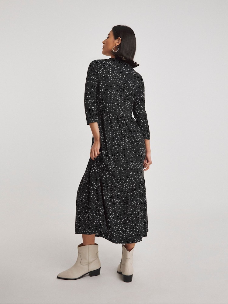 Simply Be Black Spot Supersoft Tiered Midi Dress - Image 2 of 5