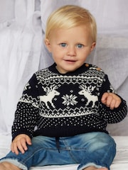 The Little Tailor Baby Christmas 100% Cotton Reindeer Fairisle Pattern Jumper - Image 1 of 5