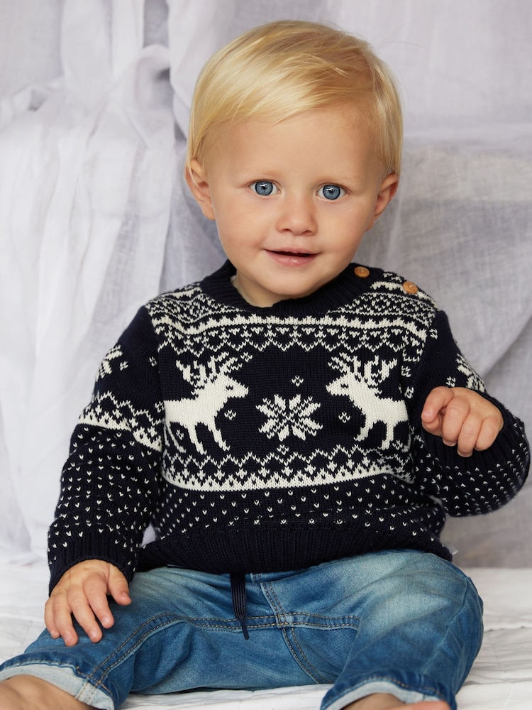 The Little Tailor Baby Christmas 100% Cotton Reindeer Fairisle Pattern Jumper - Image 1 of 5
