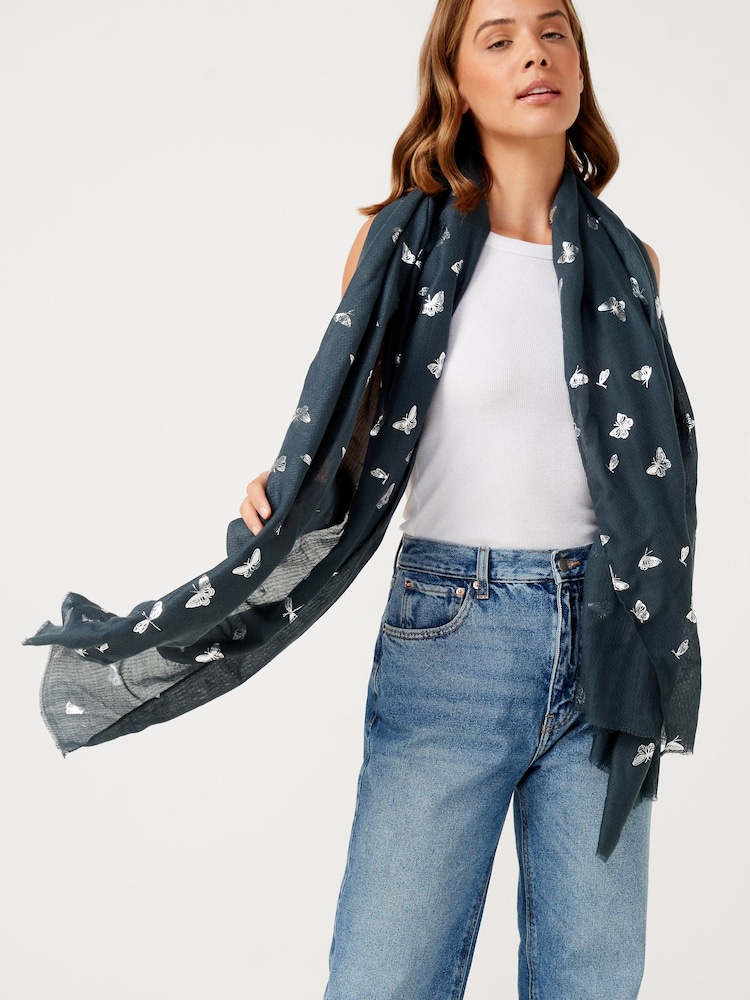 Charcoal Grey Butterfly Foil Lightweight Scarf - Image 2 of 4
