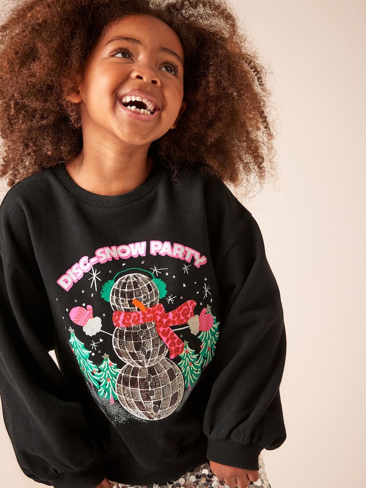 Black Sequin Snowman Christmas Sweatshirt Jumper (3-16yrs) - Image 1 of 7