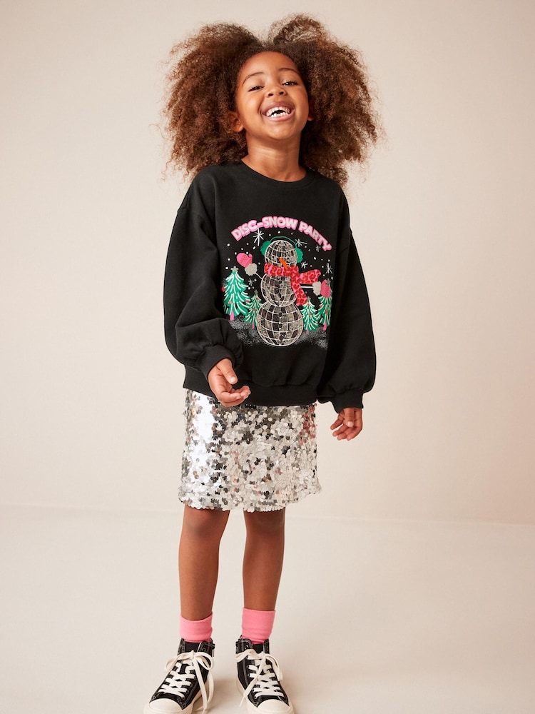Black Sequin Snowman Christmas Sweatshirt Jumper (3-16yrs) - Image 2 of 7