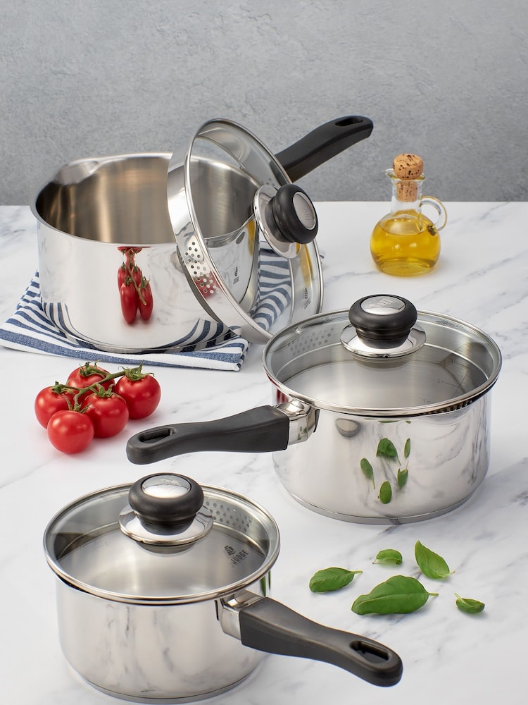 Judge 3 Piece Silver Vista Draining Saucepan Set - Image 1 of 1 Judge 3 Piece Silver Vista Draining Saucepan Set - Image 1 of 1