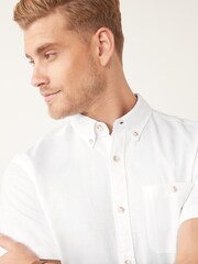 White Standard Collar Linen Blend Short Sleeve Shirt - Image 4 of 4