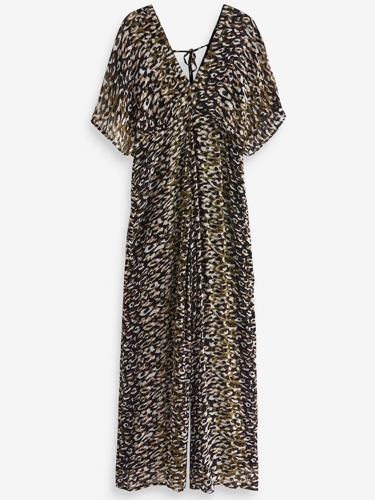 Animal Print Batwing Wide Leg Jumpsuit - Image 1 of 4