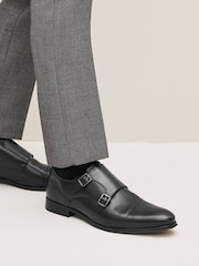 Black Leather Double Monk Shoes - Image 1 of 6