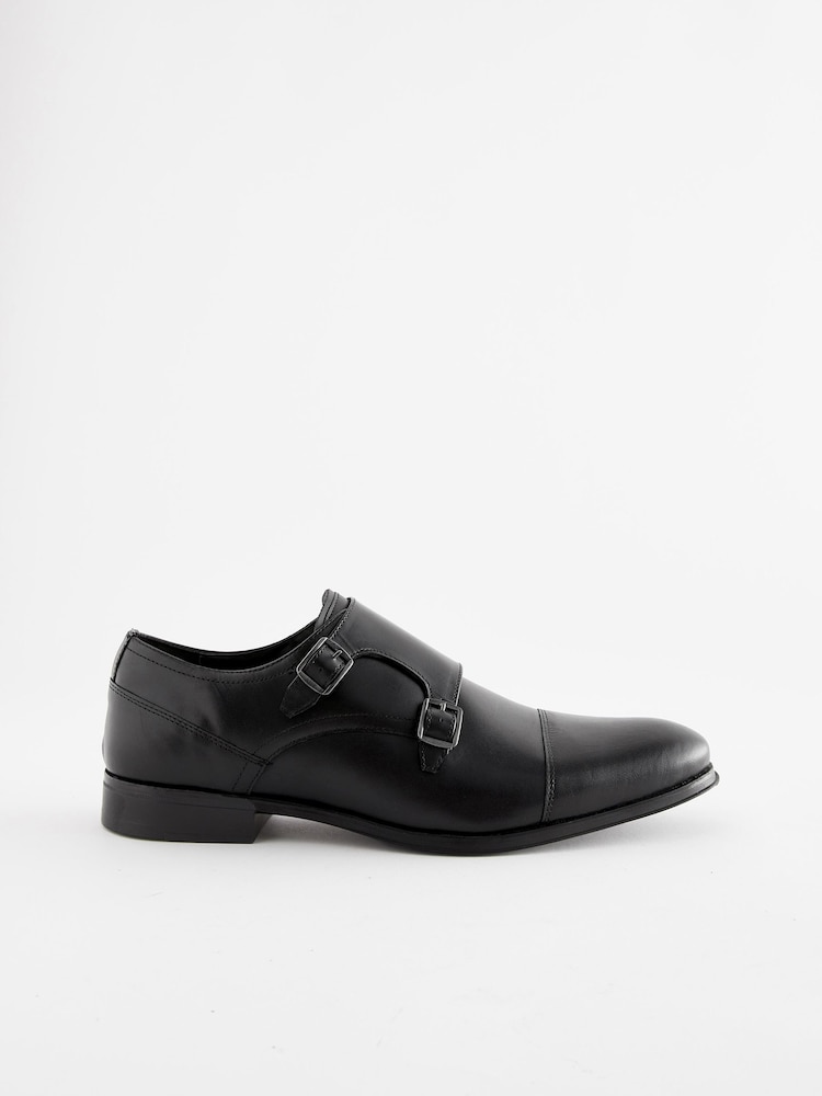 Black Leather Double Monk Shoes - Image 3 of 6