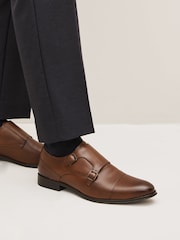 Tan Brown Leather Double Monk Shoes - Image 1 of 7