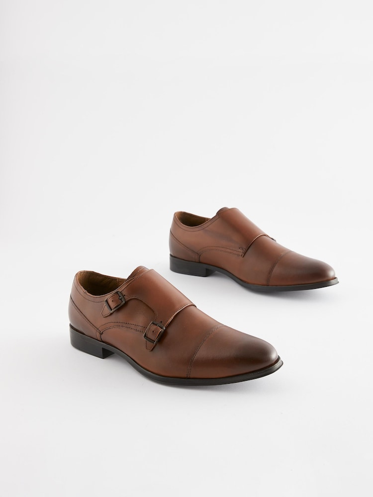 Tan Brown Leather Double Monk Shoes - Image 2 of 7