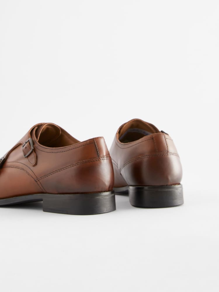 Tan Brown Leather Double Monk Shoes - Image 4 of 7