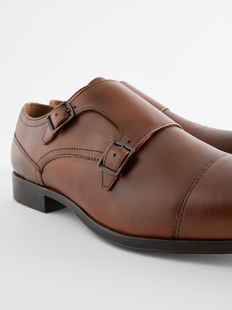Tan Brown Leather Double Monk Shoes - Image 5 of 7