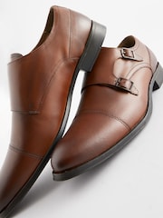 Tan Brown Leather Double Monk Shoes - Image 7 of 7