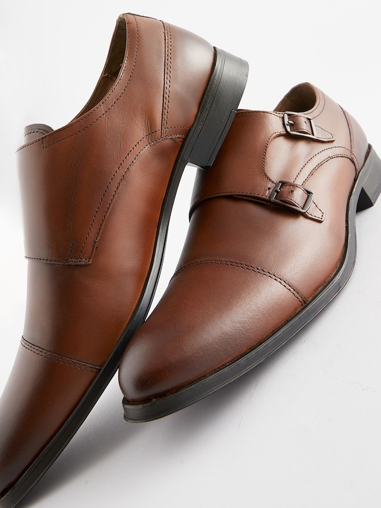Tan Brown Leather Double Monk Shoes - Image 7 of 7