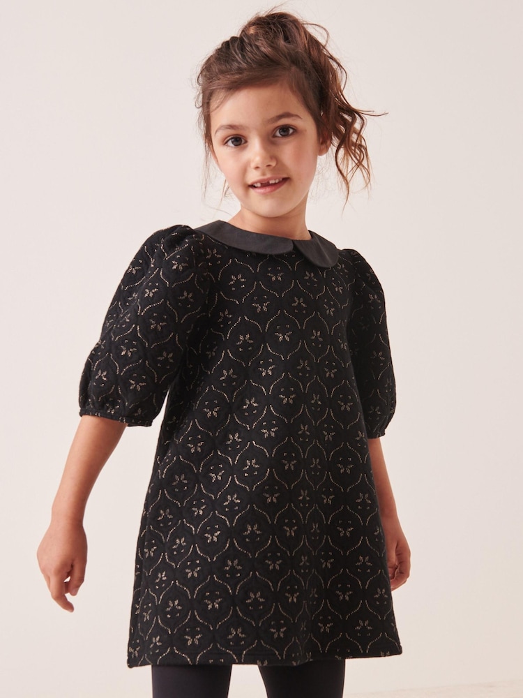 Black/Gold Collar Detail Jacquard Texture Jersey Dress (1.5-16yrs) - Image 1 of 7