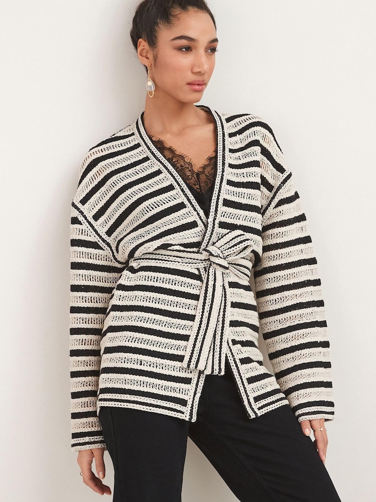 Monochrome Belted Crochet Kimono - Image 1 of 5 Monochrome Belted Crochet Kimono - Image 1 of 5
