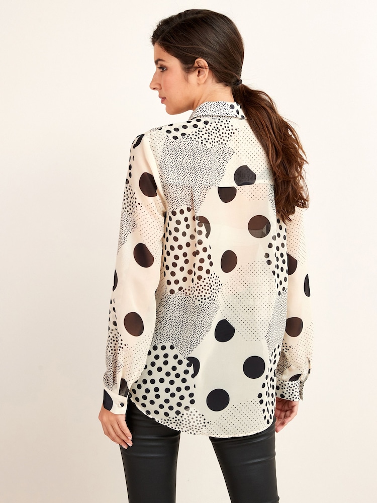 White/Black Spot Print Long Sleeve Sheer Shirt - Image 3 of 6