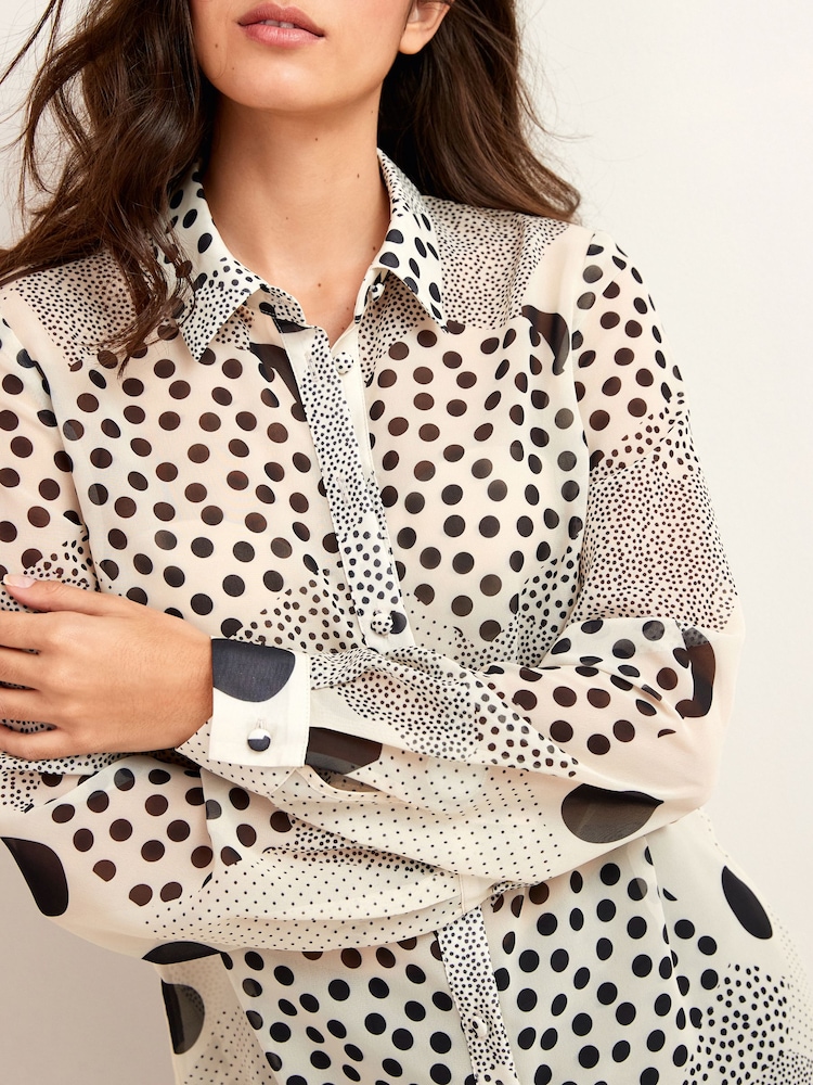 White/Black Spot Print Long Sleeve Sheer Shirt - Image 4 of 6