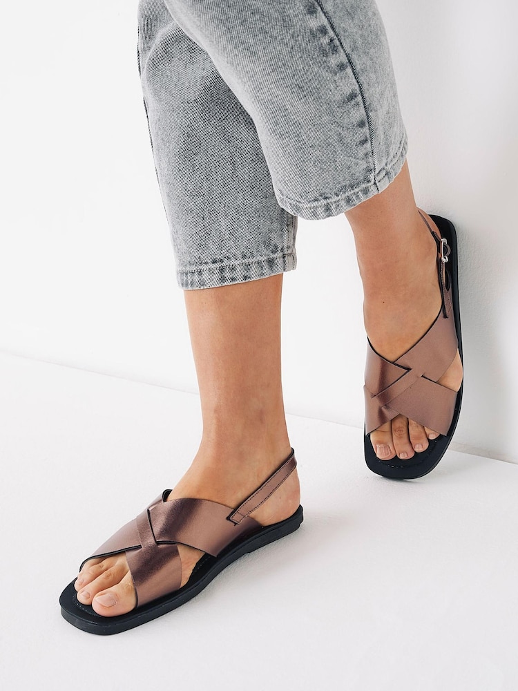 Pewter Grey Regular/Wide Fit Forever Comfort® Crossover Leather Sandals - Image 1 of 6