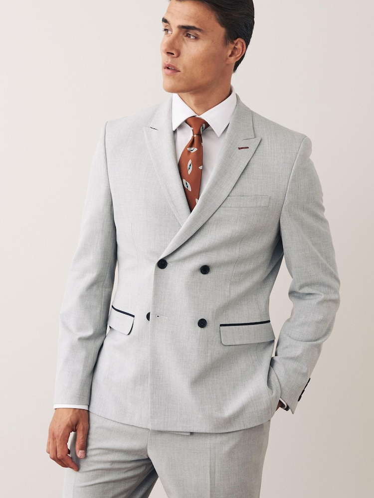 Light Grey Double Breasted Slim Fit Motion Flex Stretch Suit: Jacket - Image 1 of 12