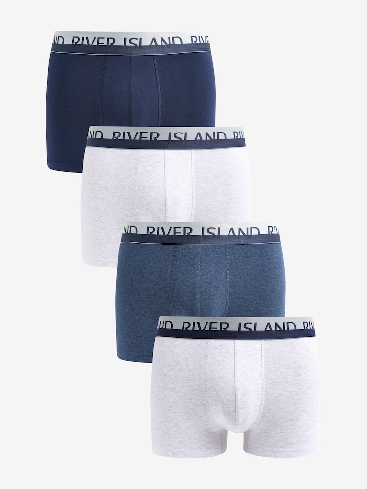 River Island Blue White Split 100% Cotton Trunks 4 Pack - Image 1 of 7