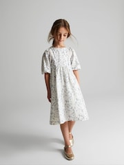 Reiss Blue Print Jennah Junior Puff Sleeve Cut-Out Back Midi Dress - Image 1 of 6