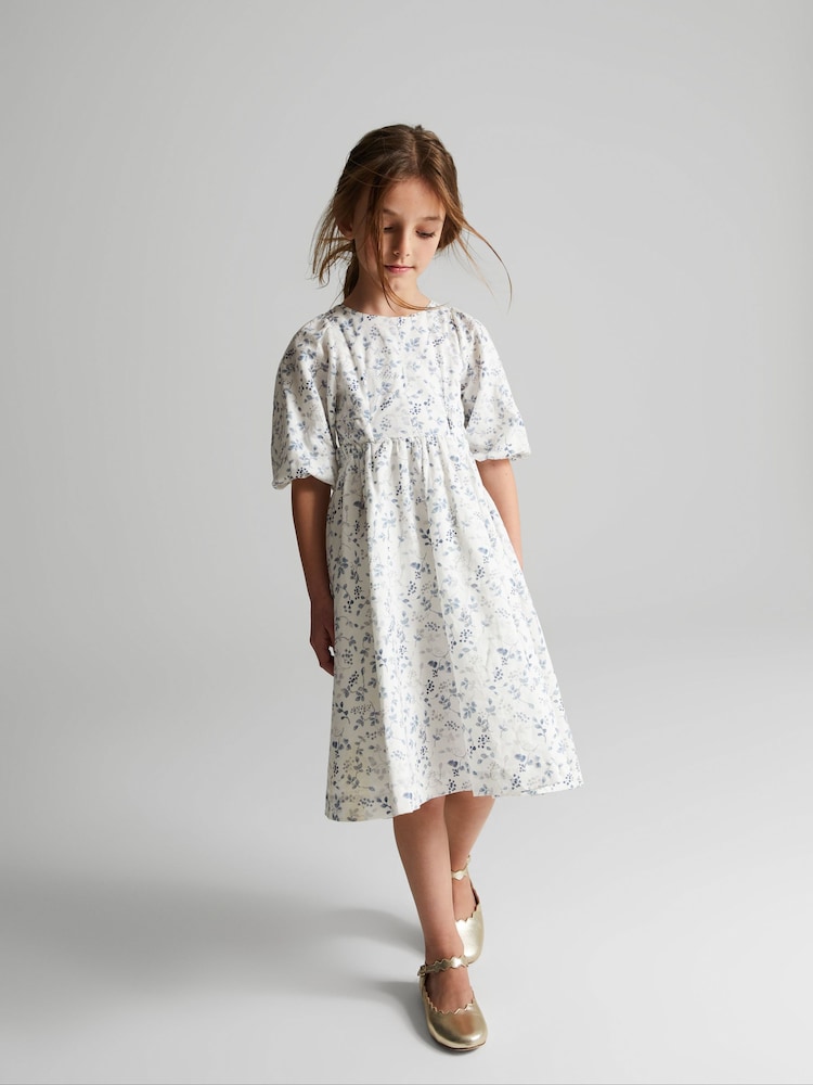 Reiss Blue Print Jennah Junior Puff Sleeve Cut-Out Back Midi Dress - Image 1 of 6