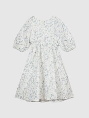 Reiss Blue Print Jennah Junior Puff Sleeve Cut-Out Back Midi Dress - Image 2 of 6