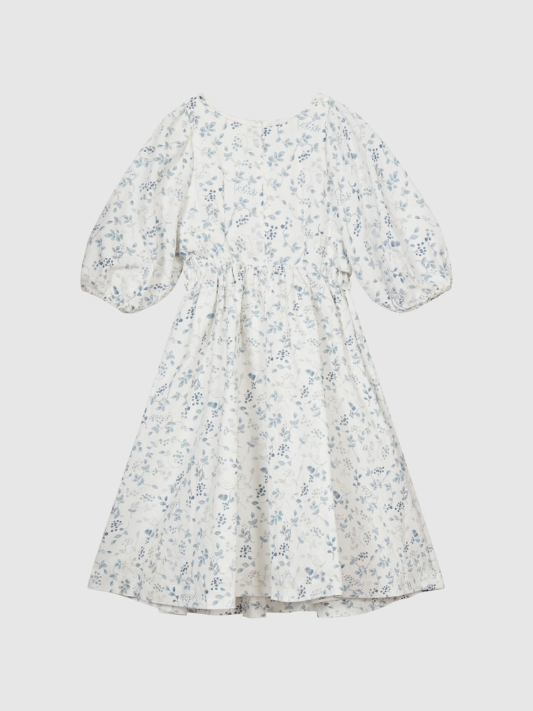 Reiss Blue Print Jennah Junior Puff Sleeve Cut-Out Back Midi Dress - Image 2 of 6