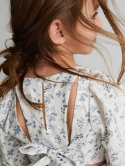 Reiss Blue Print Jennah Junior Puff Sleeve Cut-Out Back Midi Dress - Image 4 of 6
