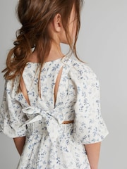 Reiss Blue Print Jennah Junior Puff Sleeve Cut-Out Back Midi Dress - Image 5 of 6
