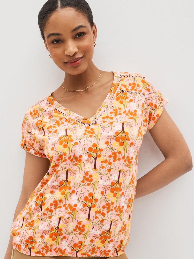 Pink Ditsy Oranges V-Neck Cotton Bubble Hem Top - Image 1 of 5