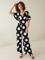 Black Spot Flute Sleeve V-Neck Jumpsuit - Image 1 of 2