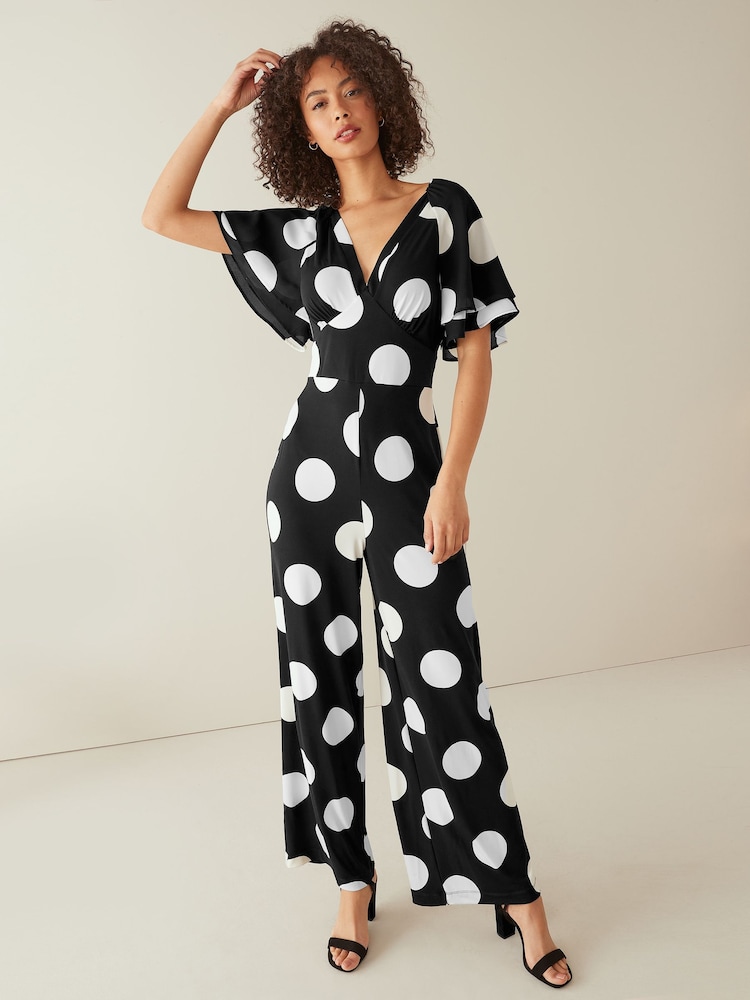 Black Spot Flute Sleeve V-Neck Jumpsuit - Image 1 of 2