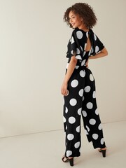 Black Spot Flute Sleeve V-Neck Jumpsuit - Image 2 of 2