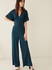 Navy Blue Flute Sleeve V-Neck Jumpsuit - Image 1 of 5