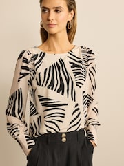 Ecru Cream Abstract Print Long Sleeve Crew Neck Cuff Blouse - Image 1 of 5