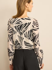 Ecru Cream Abstract Print Long Sleeve Crew Neck Cuff Blouse - Image 3 of 5