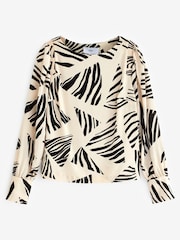 Ecru Cream Abstract Print Long Sleeve Crew Neck Cuff Blouse - Image 5 of 5