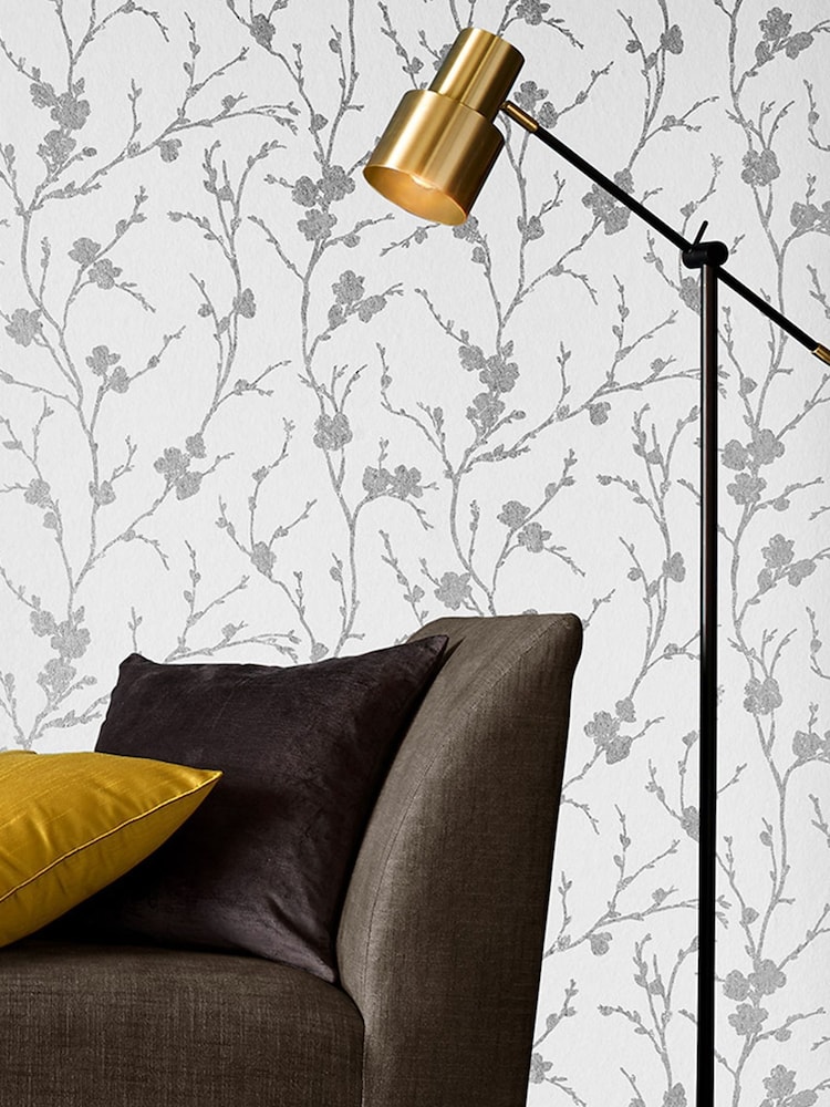 Graham & Brown Silver Meiying Floral 10M Wallpaper - Image 1 of 3