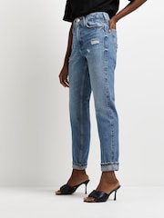 River Island Blue 100% Cotton High Rise Turn Up Mom Jeans - Image 1 of 6