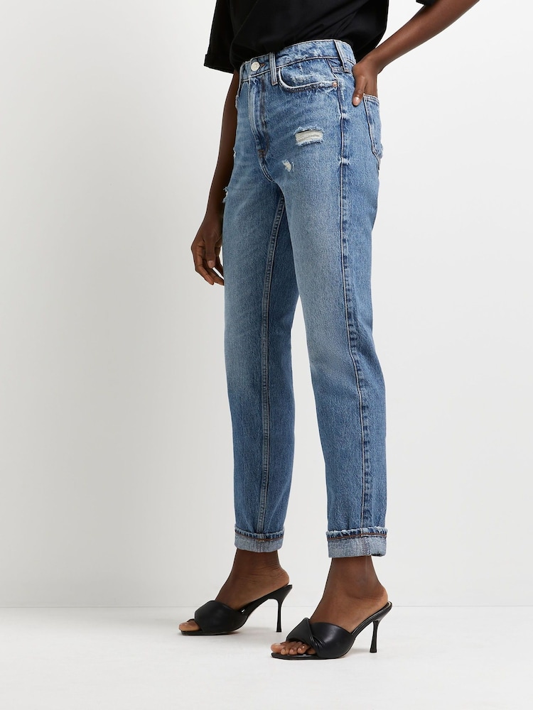 River Island Blue 100% Cotton High Rise Turn Up Mom Jeans - Image 1 of 6