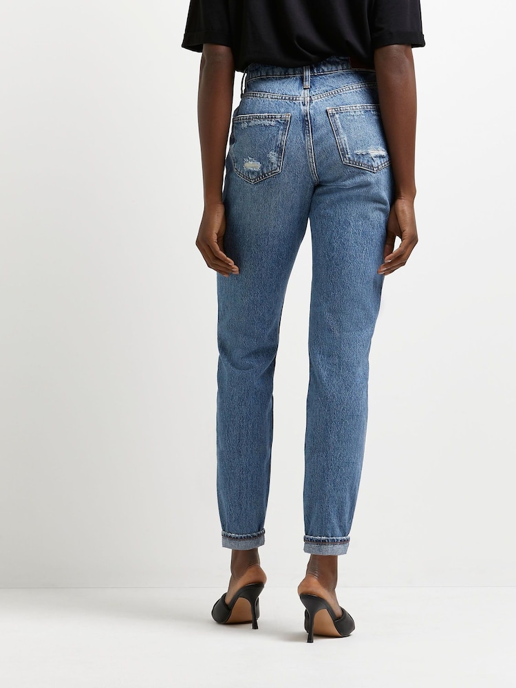 River Island Blue 100% Cotton High Rise Turn Up Mom Jeans - Image 2 of 6