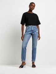 River Island Blue 100% Cotton High Rise Turn Up Mom Jeans - Image 4 of 6