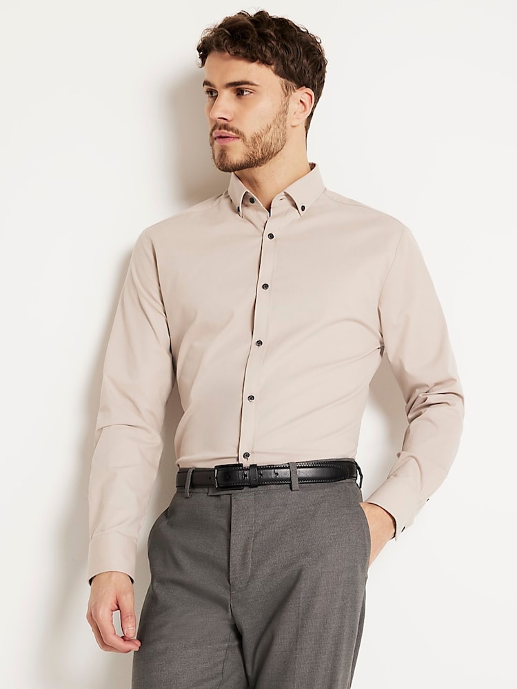 River Island Natural Muscle Fit Long Sleeve Textured Shirt - Image 1 of 6