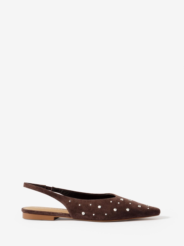 Mint Velvet Dark Brown Casey Suede Studded Slingback Flats - Image 1 of 4