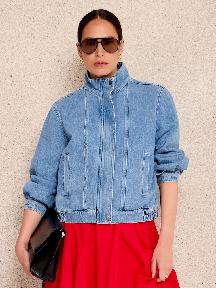 Mint Velvet Blue Funnel Neck Denim Bomber Jacket - Image 2 of 6 Mint Velvet Blue Funnel Neck Denim Bomber Jacket - Image 2 of 6