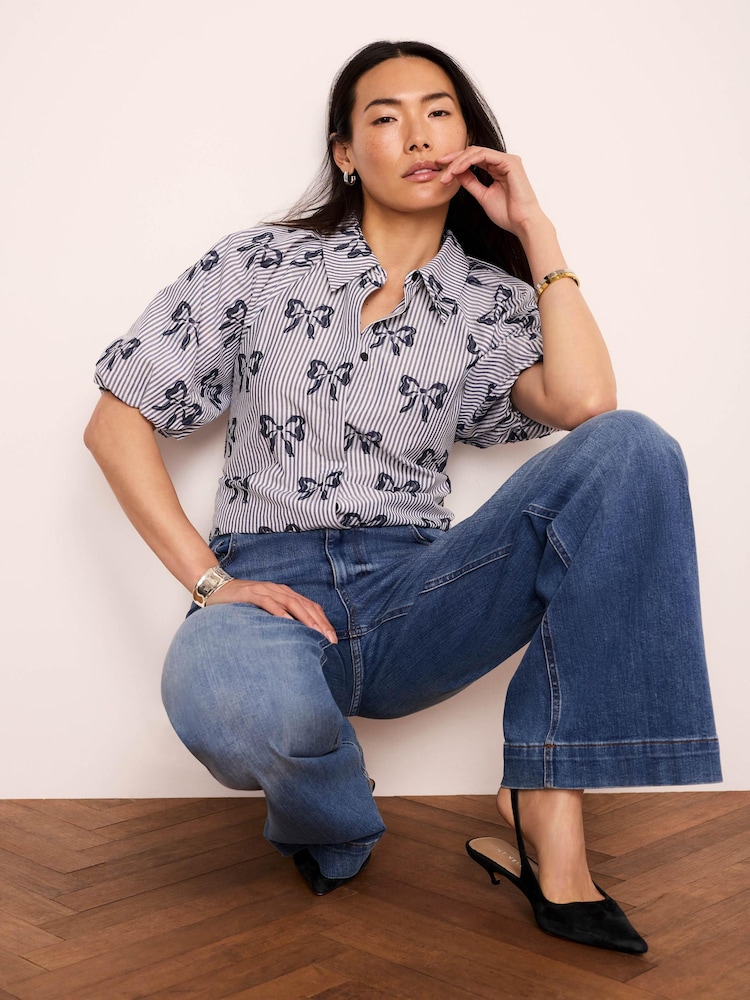 Mint Velvet Blue Cotton Blend Striped Bow Shirt - Image 1 of 8 Mint Velvet Blue Cotton Blend Striped Bow Shirt - Image 1 of 8