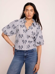 Mint Velvet Blue Cotton Blend Striped Bow Shirt - Image 2 of 8